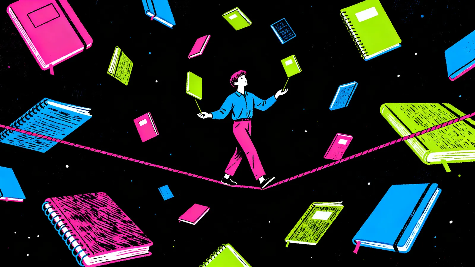 Neon linocut of a person on a tightrope juggling notebooks against black.