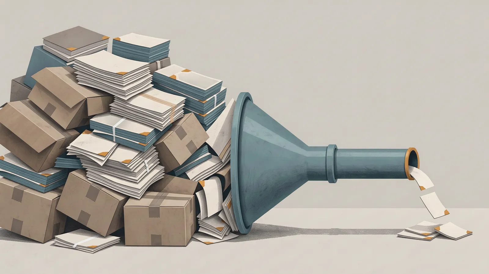 A pile of boxes and papers jammed in front of a narrow funnel, with a few sheets trickling out the other end