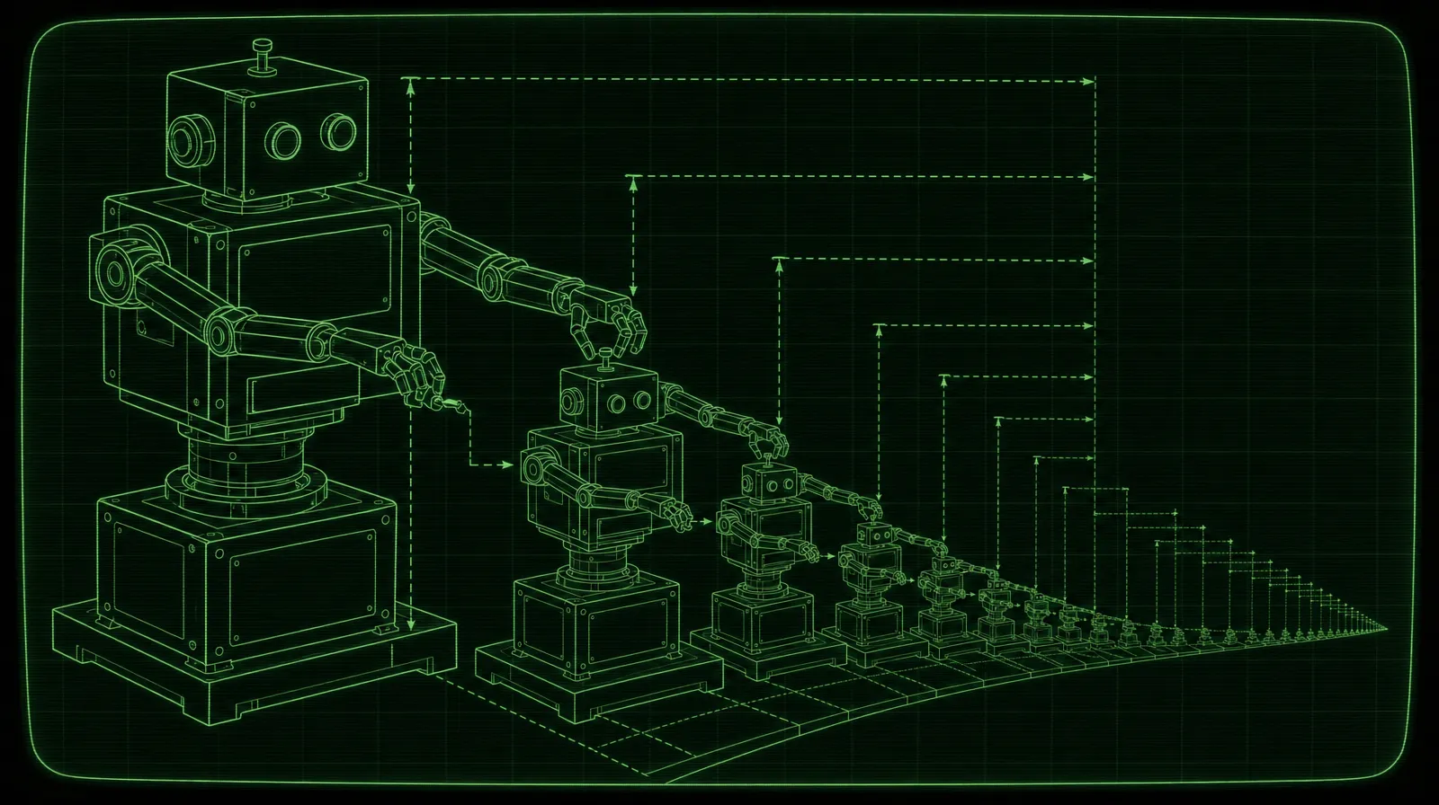 Green terminal-style line drawing of a robot assembling a smaller robot, which assembles a smaller one, shrinking to a point.