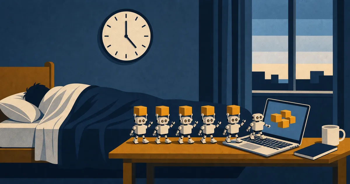 Illustration of a person asleep in bed while a line of tiny robots carries glowing blocks into an open laptop, under a wall clock showing 5 o'clock