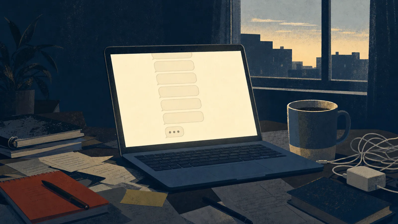 A laptop open at dawn with empty chat bubbles and a typing indicator on screen, next to a cold cup of coffee and a tangled charger.